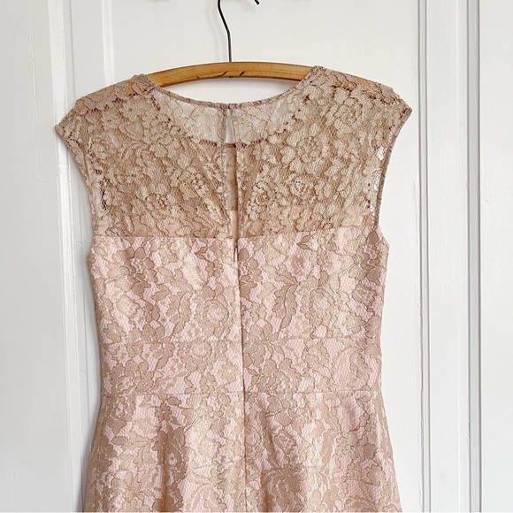 Kay Unger • Cap Sleeve Illusion Lace Dress tea length blush nude pink gold - Picture 8 of 9